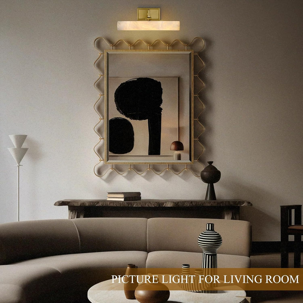 12in Alabaster Picture Light for Wall Art, Brushed Gold Art Display Light, Natural Marble Bathroom Vanity Lights, Modern Dimmable Brass Hardwired Picture Frame Light for Paintings, Poster, Library