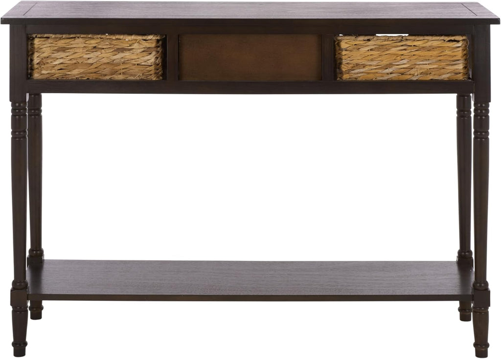SAFAVIEH Home Collection – Christa Dark Chocolate Console Table, 3-Drawer Storage with Natural Basket Drawers, Coastal Entryway Design (AMH5737F)
