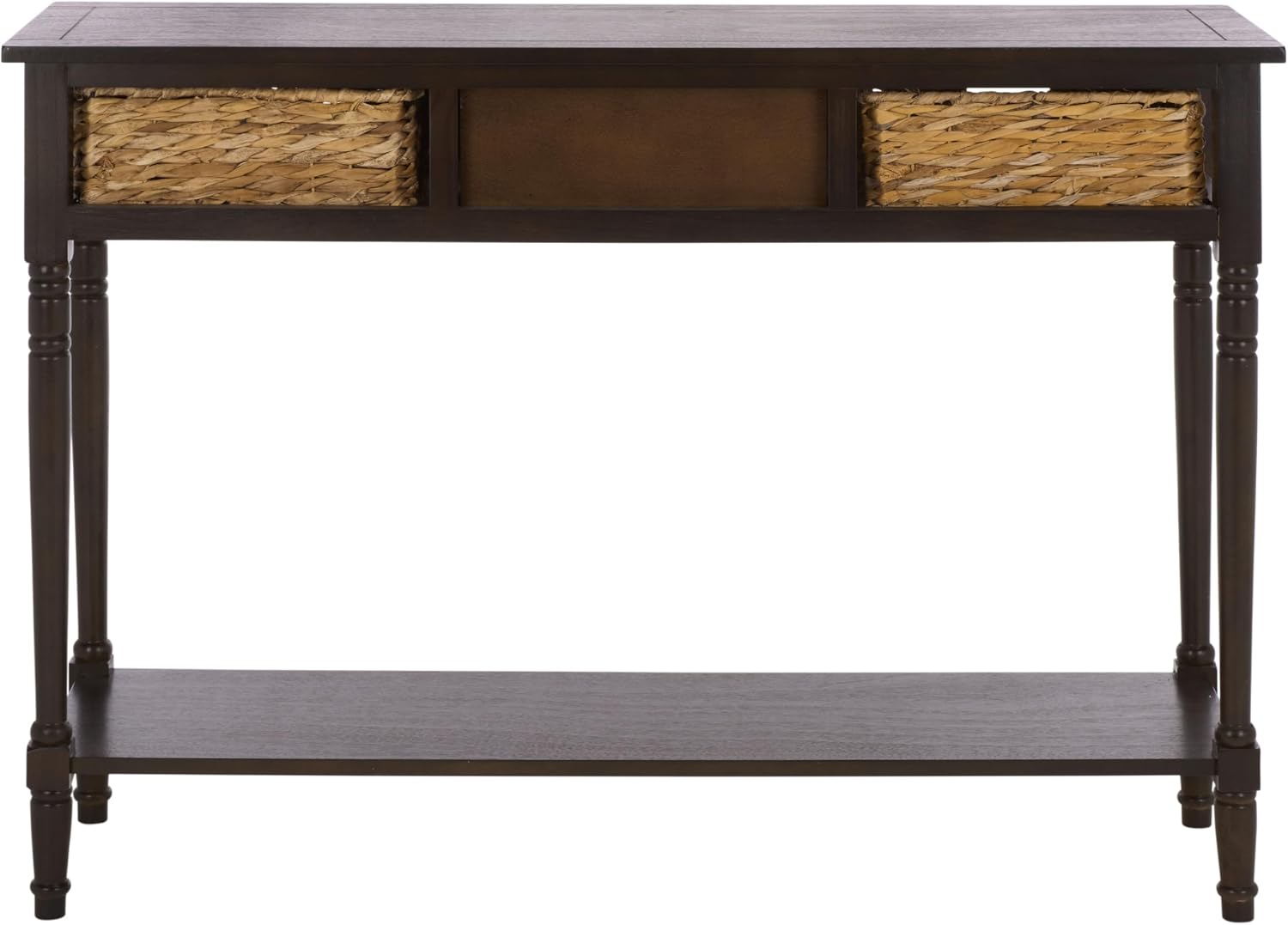 SAFAVIEH Home Collection – Christa Dark Chocolate Console Table, 3-Drawer Storage with Natural Basket Drawers, Coastal Entryway Design (AMH5737F)