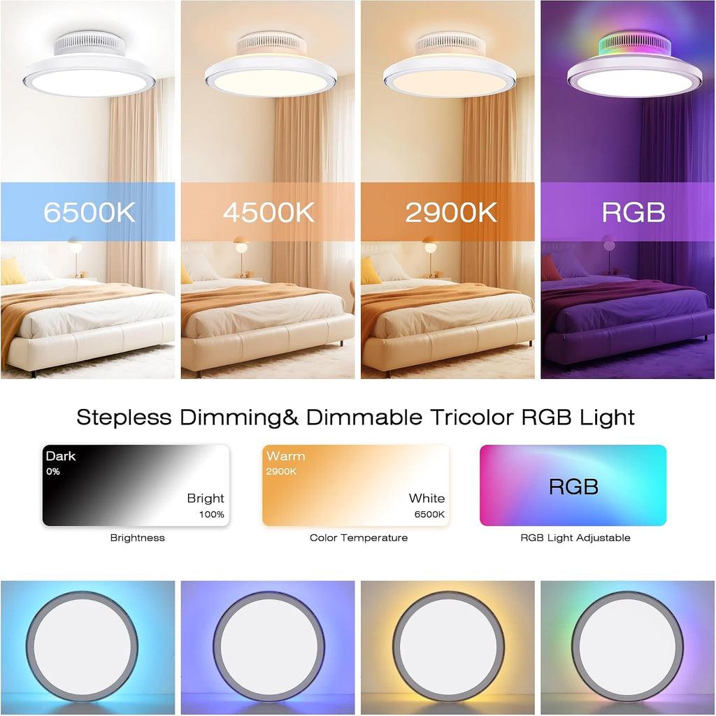 18' Bladeless Ceiling Fans, Low Profile Ceiling Fan with Light, Smart RGB Ceiling Light Fixture Support Alexa with Voice/Remote/APP Control, Modern led Ceiling Light Flush Mount, White