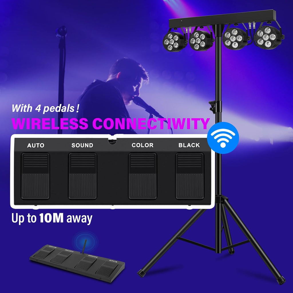 Telbum DJ Stage Lights with Stand, 240W RGBW LED Par Light, DMX, Wireless Footpedal, Remote Control, Sound-Activated Professional DJ Lighting Package for Gig Bar Wedding Party Show Church and Concerts