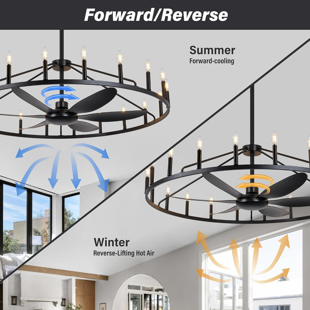 50' Farmhouse Chandelier Ceiling Fan with Light and Remote, 20-Lights Large Wagon Wheel Fandelier with Candle for Living Room,Rustic Walnut Fan with Light