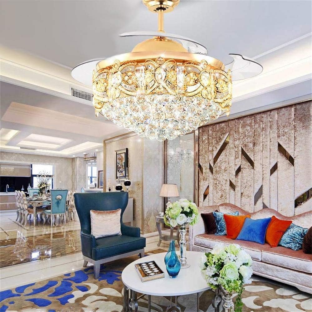 Crystal Fandelier Ceiling Fan with Light, Modern Retractable Crystal Chandeliers Ceiling Fan, Chandelier Fan with 3 Color Change for Dining Room Bedroom (Rose Gold)