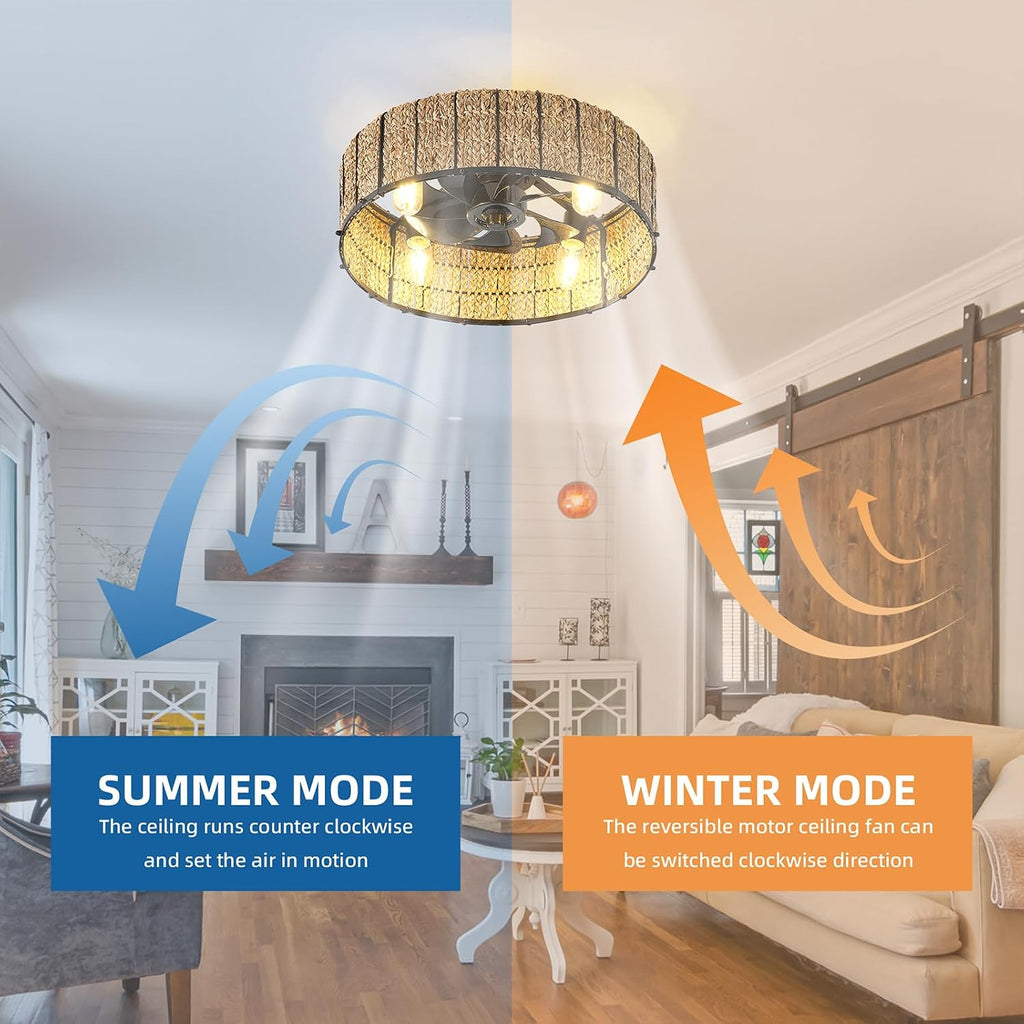 Ganeed 20' Boho Ceiling Fan with Light, Handwoven Rattan Caged Ceiling Fan with Light and Remote, Low Profile 6 Speeds Enclosed Flush Mount Fandelier for Bedroom Kids Room Nursery Living Room