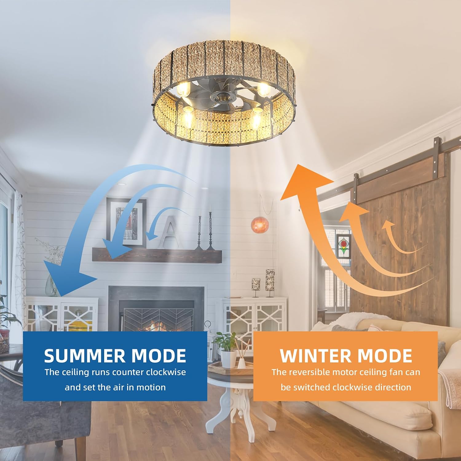Ganeed 20' Boho Ceiling Fan with Light, Handwoven Rattan Caged Ceiling Fan with Light and Remote, Low Profile 6 Speeds Enclosed Flush Mount Fandelier for Bedroom Kids Room Nursery Living Room