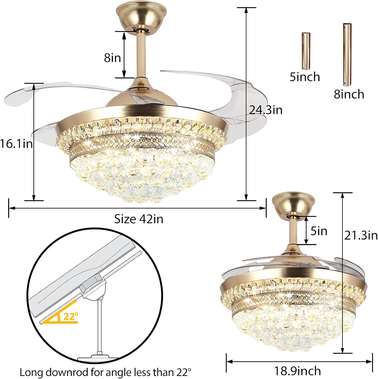 42' Invisible Ceiling Fan Chandelier with Light,Modern Crystal Ceiling Fan Light Remote Control 4 Retractable ABS Blades for Bedroom Living Dining Room Decoration (Golden)