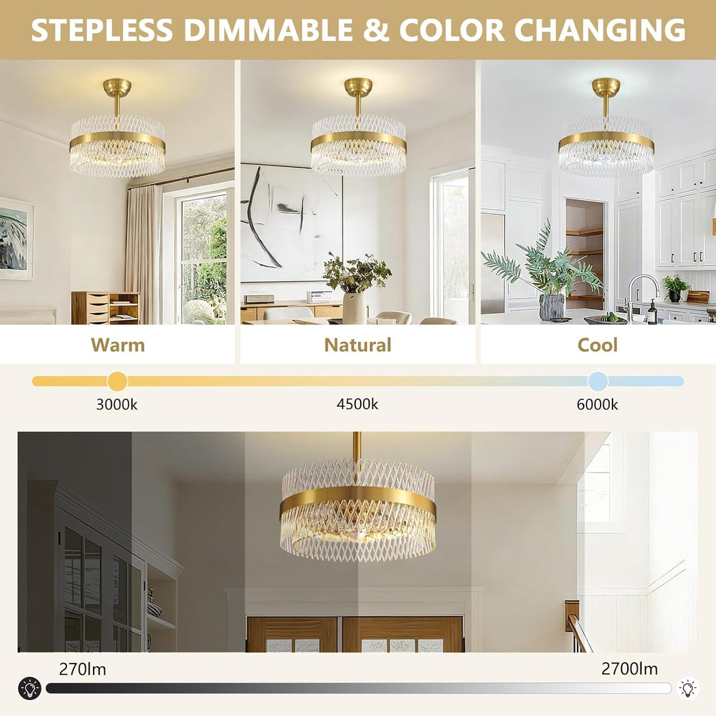 NOXARTE 20 Inch Fandelier Ceiling Fans with Light, Crystal Chandelier Fan, Gold Ceiling Fan with Remote, Modern Fandelier with 6 Reverse Speed, 3CCT, Dimmable, Timer for Bedroom,Living Room