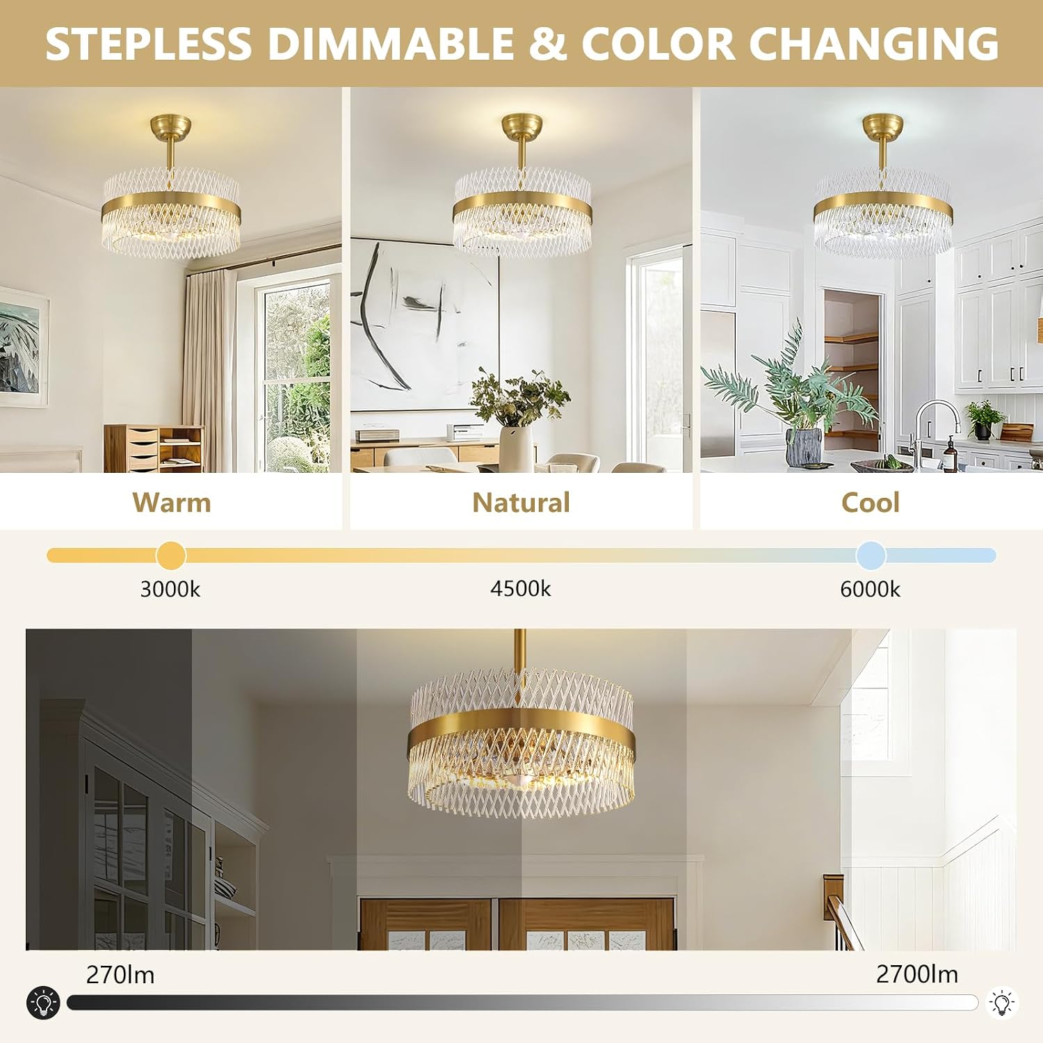 NOXARTE 20 Inch Fandelier Ceiling Fans with Light, Crystal Chandelier Fan, Gold Ceiling Fan with Remote, Modern Fandelier with 6 Reverse Speed, 3CCT, Dimmable, Timer for Bedroom,Living Room