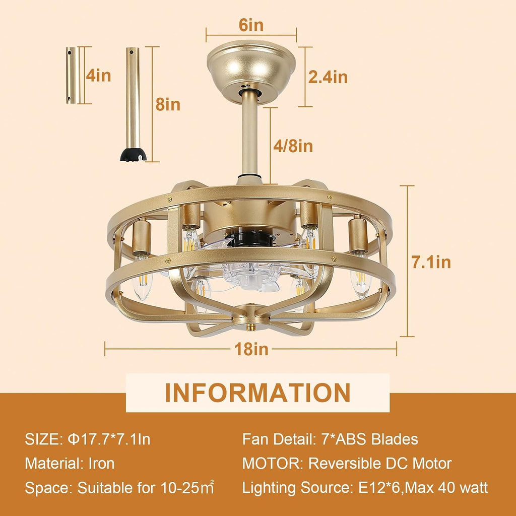 18' Gold Bladeless Ceiling Fan with Light, Caged Fandelier with Remote Control, 6-Speed Reversible Motor, Low Profile for Bedroom, Kitchen, Dining Room
