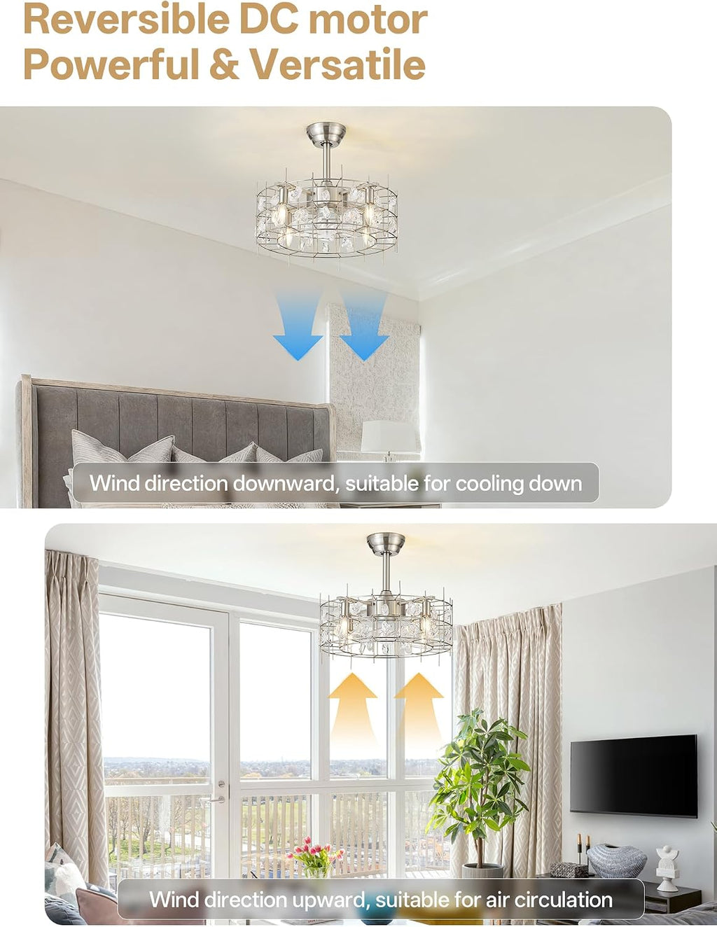 20' Silver Crystal Chandelier Ceiling Fans, Silver Crystal Fandelier Ceiling Fan with Lights Caged, Remote Control 6 Speed for Living Room, Bedroom, Dining Room