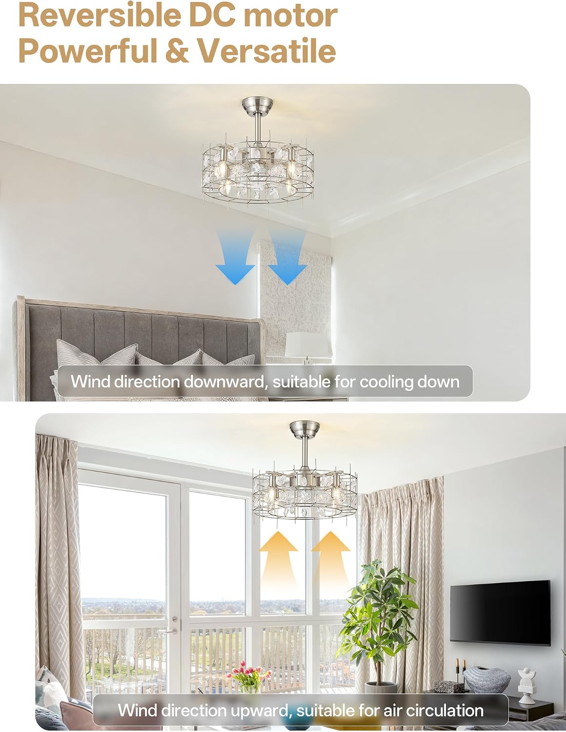 20' Silver Crystal Chandelier Ceiling Fans, Silver Crystal Fandelier Ceiling Fan with Lights Caged, Remote Control 6 Speed for Living Room, Bedroom, Dining Room