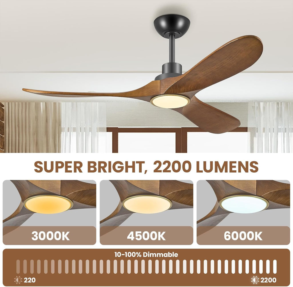 52 Inch Wood Ceiling Fans with Lights and Remote Control, Low Profile DC Motor Ceiling Fan with Light, Reversible 6 Speeds, 3CCT Dimmable LED, Noiseless Modern Fan for Bedroom Living Room Patio