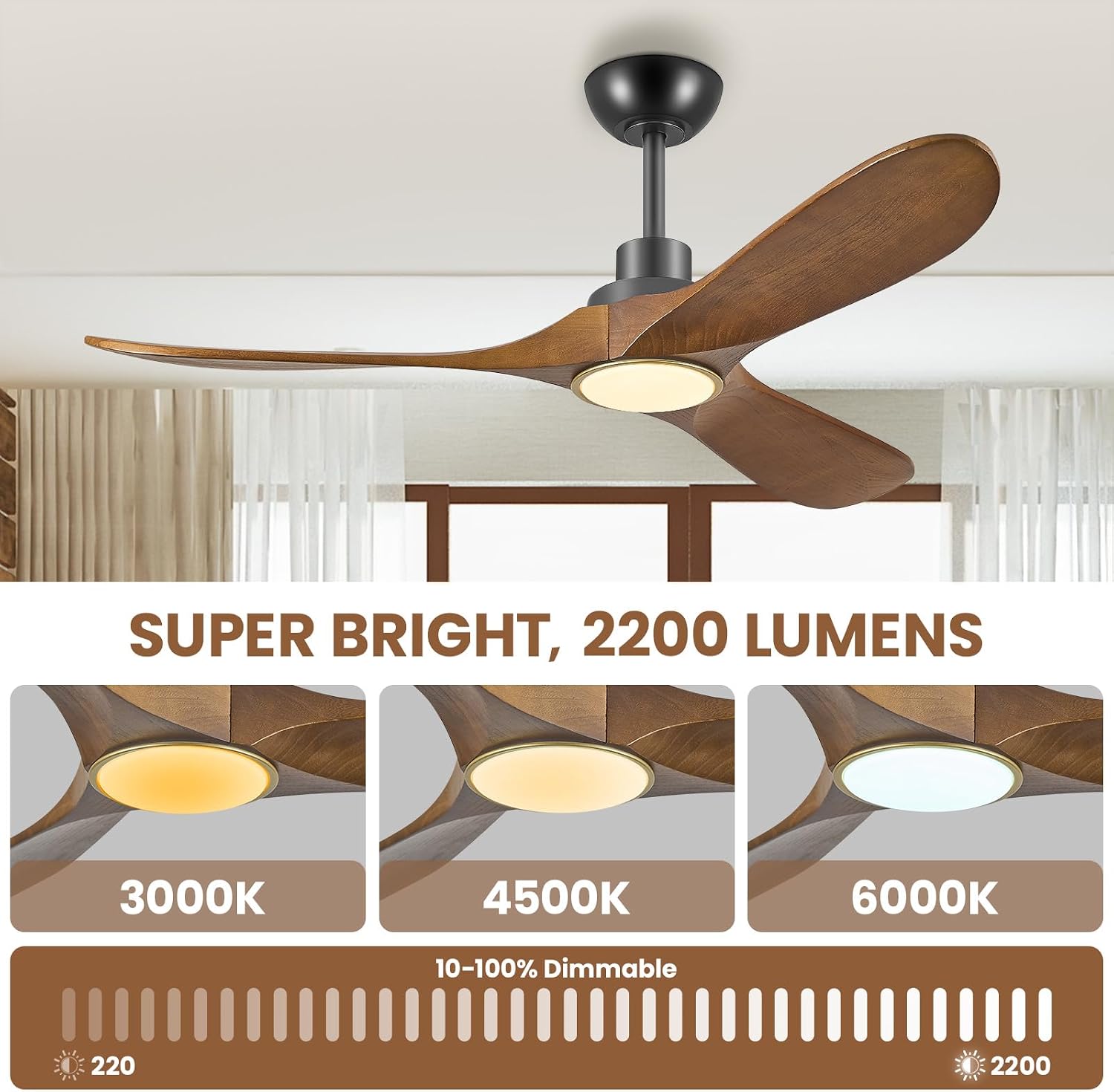 52 Inch Wood Ceiling Fans with Lights and Remote Control, Low Profile DC Motor Ceiling Fan with Light, Reversible 6 Speeds, 3CCT Dimmable LED, Noiseless Modern Fan for Bedroom Living Room Patio