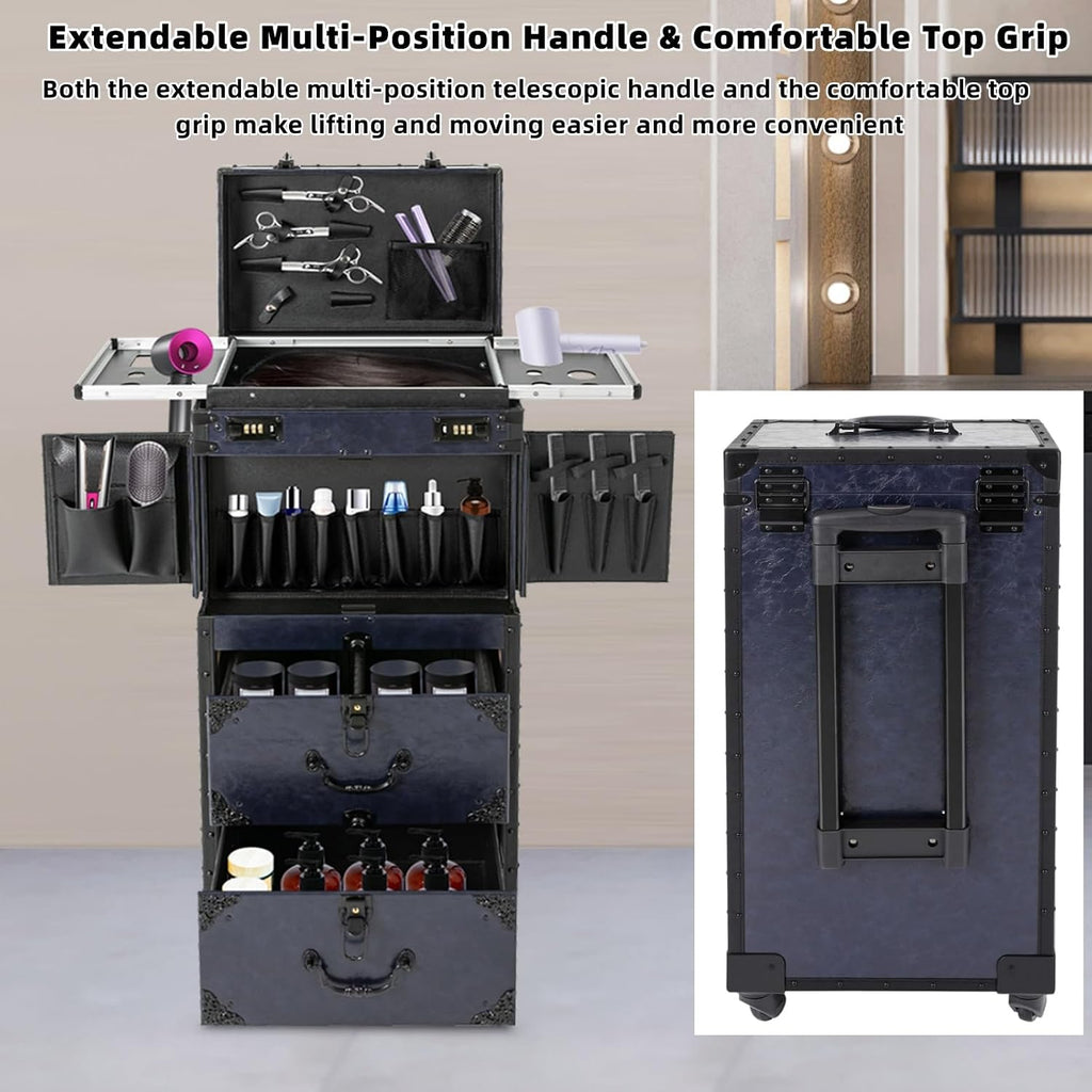 Rolling Makeup Train Case, Lockable Beauty Salon Luggage Hairdressing Trolley with Hair Dryer Holder, Multifunction Cosmetic Luggage Travel Cosmetology Case on Wheels, Dark Blue