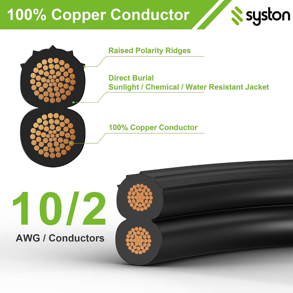 SYSTON 10/2 Low Voltage Landscape Lighting Direct Burial Stranded Wire Cable, 10 Gauge 2 Copper Conductors for Outdoor Spotlight Pathway Lighting and More Low Voltage Applications Use - 250 FT