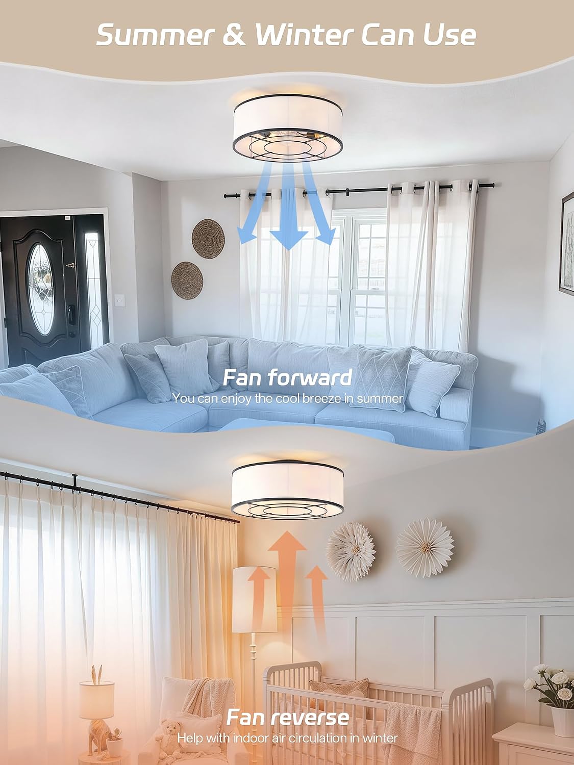 Caged Low Profile Ceiling Fans with Lights, Bladeless Ceiling Fan with lights Remote, Flush Mount Modern Enclosed with 6 Speeds for Bedroom, Kitchen (Black)