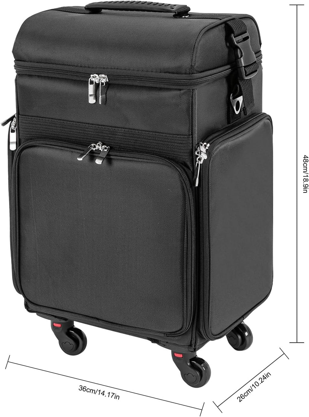 Rolling Makeup Train Case, Professional Soft Sided Makeup Case with Detachable Pouch and Wheels, Trolley Cosmetology Cosmetic Makeup Case for Hairdressing Makeup Tools