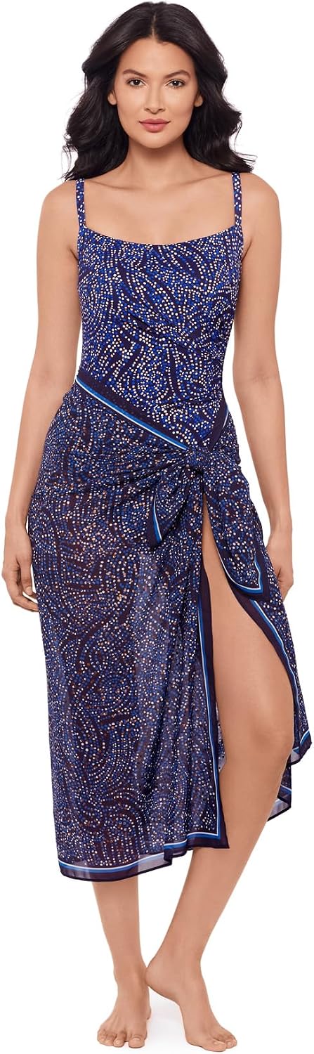 Miraclesuit Women's Swimwear Spotlight Ayla Underwire Tummy Control Tankini Top, Plum/Multi, Size 16 Women's Swimwear Spotlight Pareo Swimsuit Cover Up, Plum/Multi, One Size Bundle