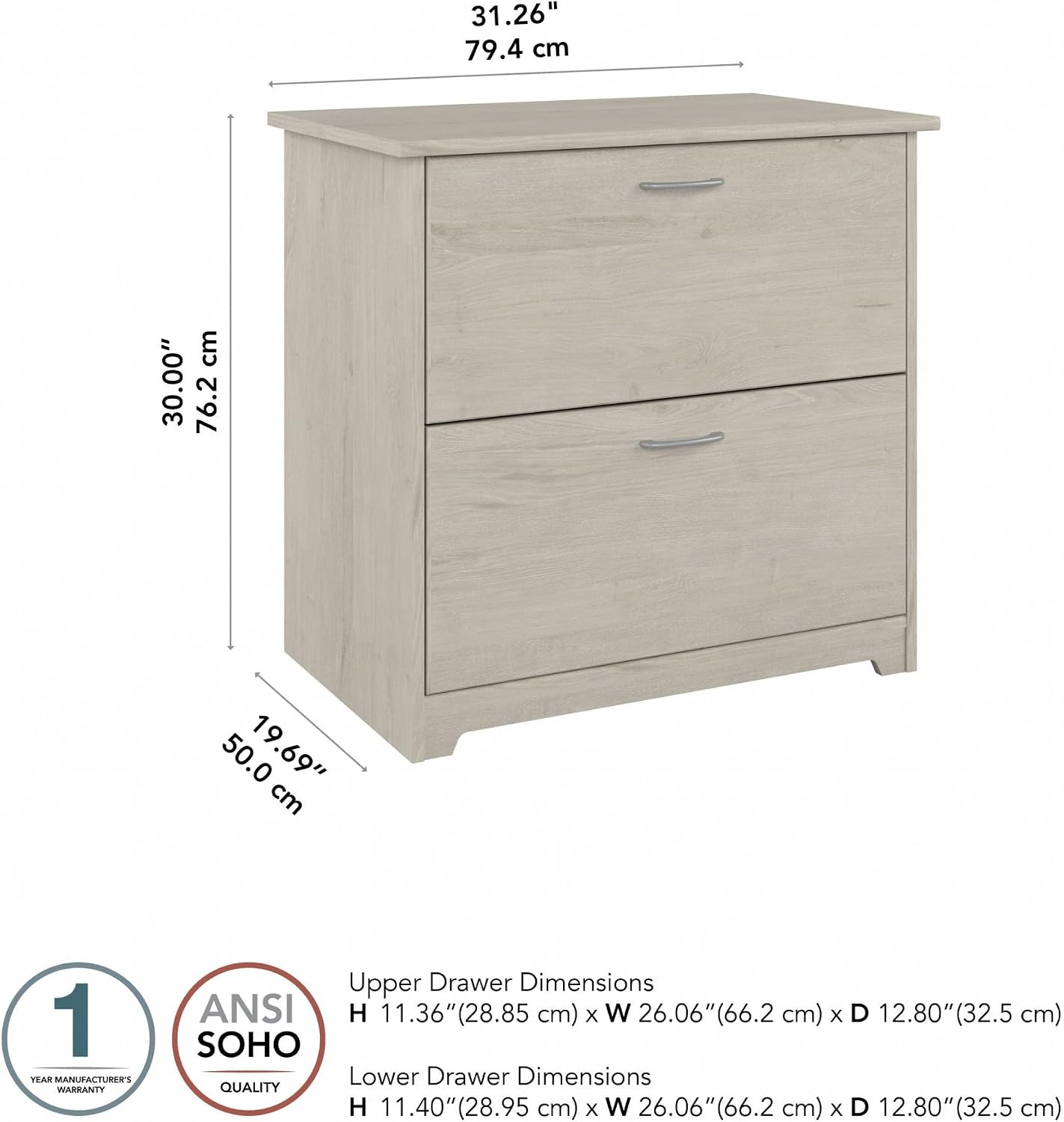Bush Home Cabot 2 Drawer Lateral File Cabinet in Linen White Oak, Home Office Chest for Letter, Legal, and A4-size Document Storage