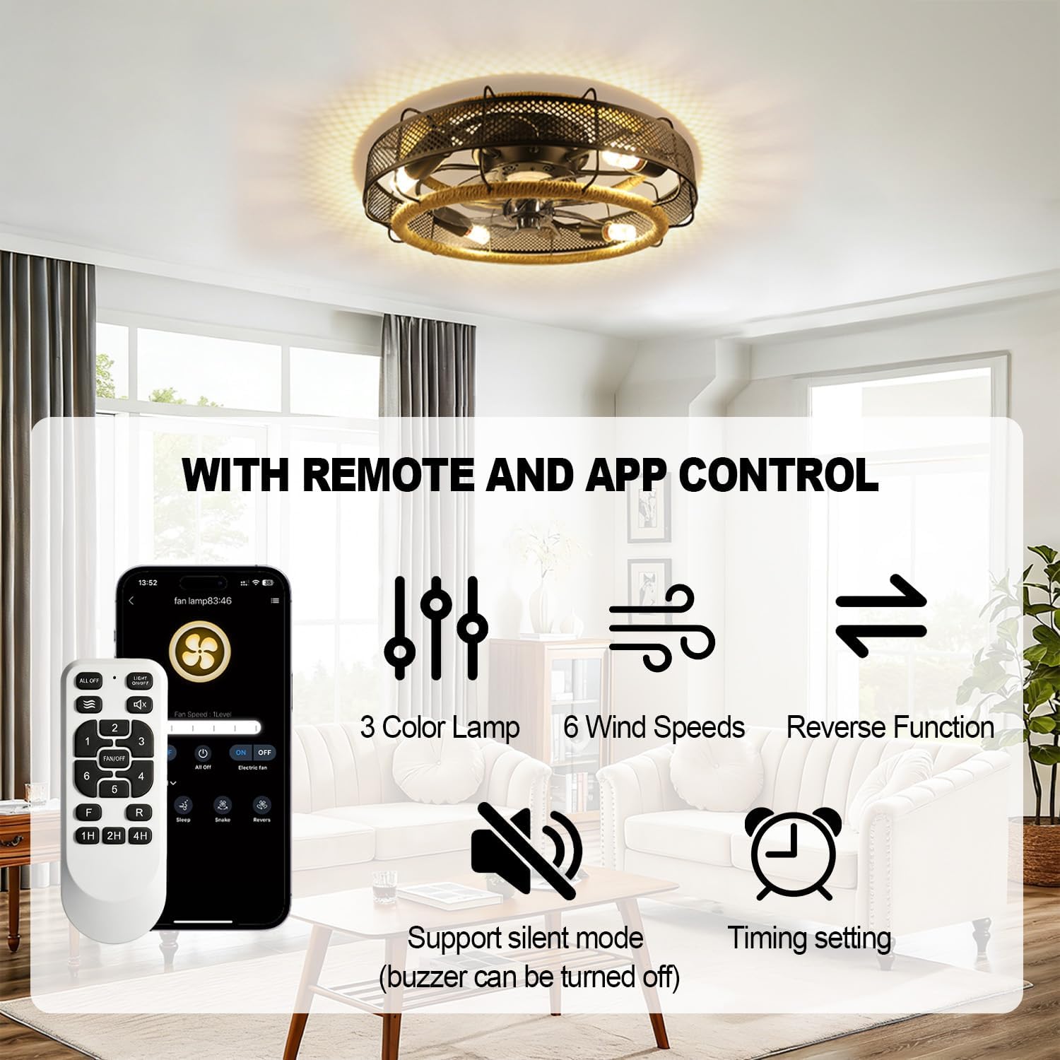 Ceiling Fans with Lights Flush Mount, 20 Inch Caged Low Profile Ceiling Fans with 3 Mode Lighting and Remote Control with E26 Bulbs for Bedroom, Nursery, Garage (Black)