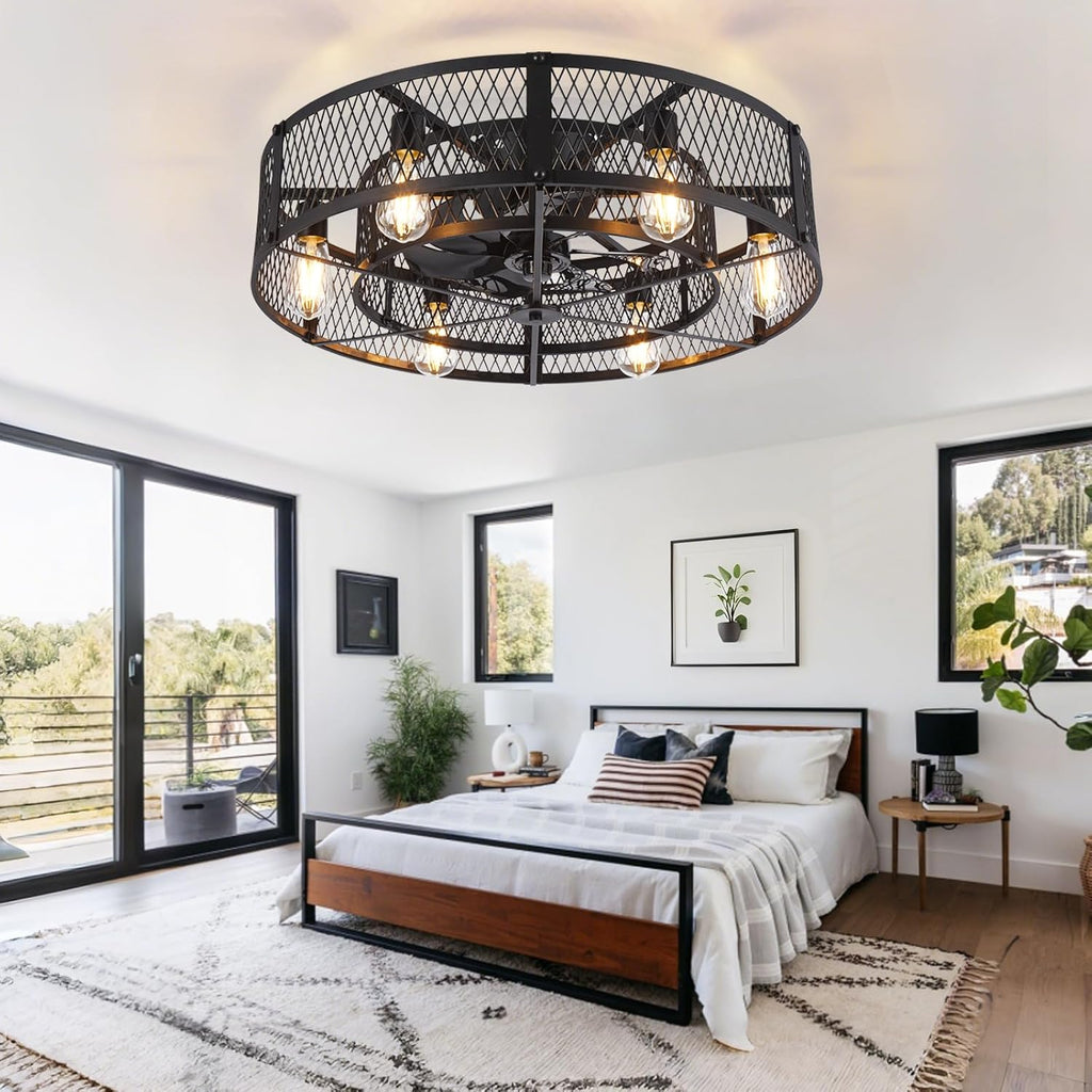 Depuley Low Profile Ceiling Fan: 26' Flush Mount Ceiling Fan Lights Reversible - Industrial Caged Ceiling Fans Light Fixture 6 Speeds for Bedroom Kitchen Black E26 Base Bulbs Not Included