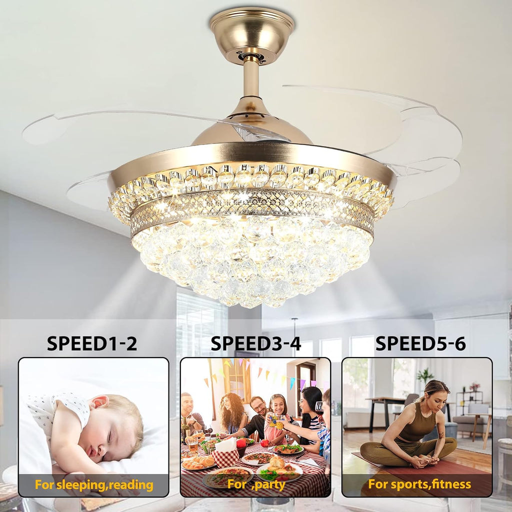 42' Invisible Ceiling Fan Chandelier with Light,Modern Crystal Ceiling Fan Light Remote Control 4 Retractable ABS Blades for Bedroom Living Dining Room Decoration (Golden)