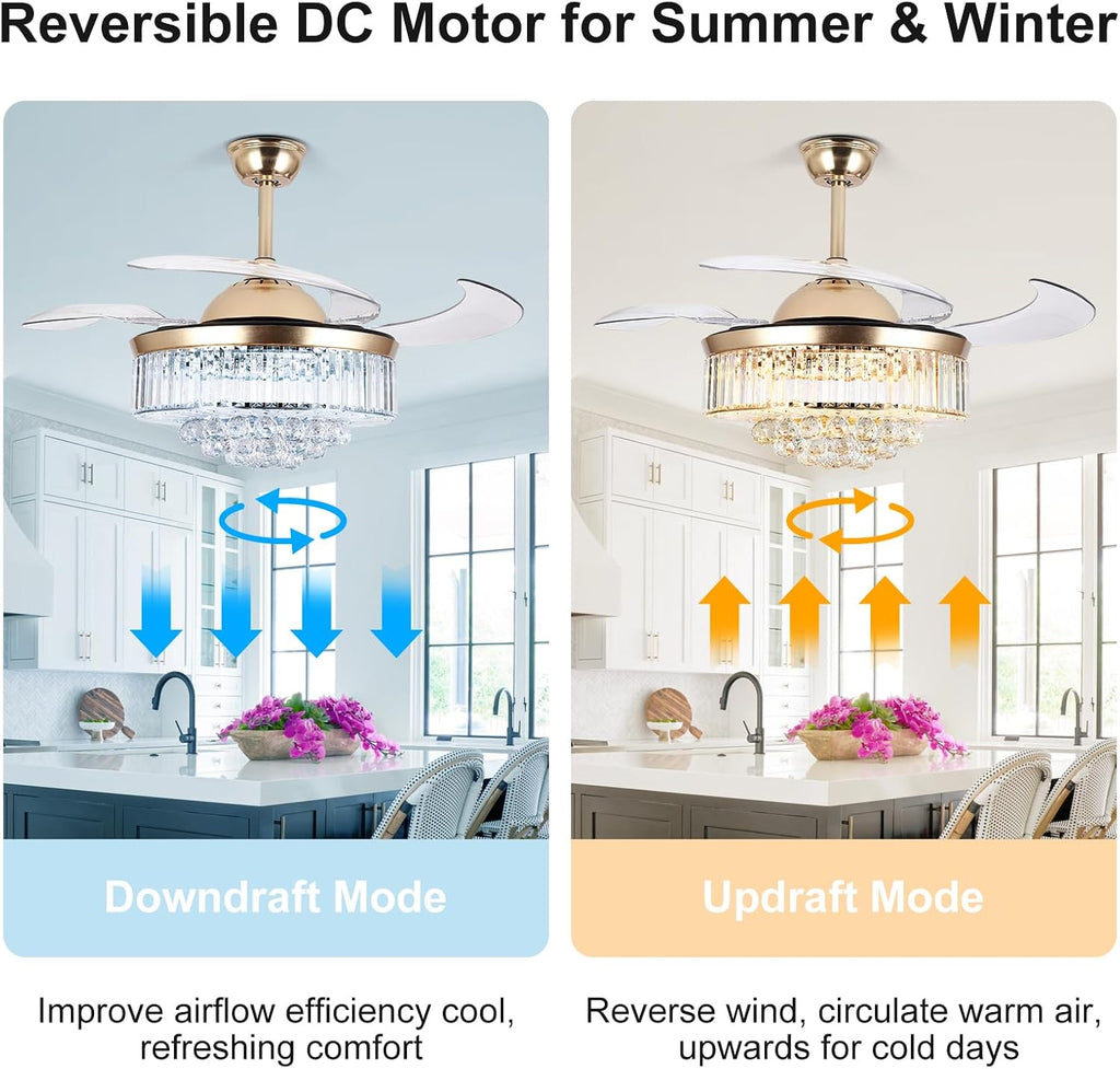 Bavnnro 42'' Fandelier Ceiling Fans with Light, Gold Retractable Crystal Chandelier Fan, Reversible, Remote Control, Dimmable Ceiling Light Kits for Dining Living Room, Bedroom