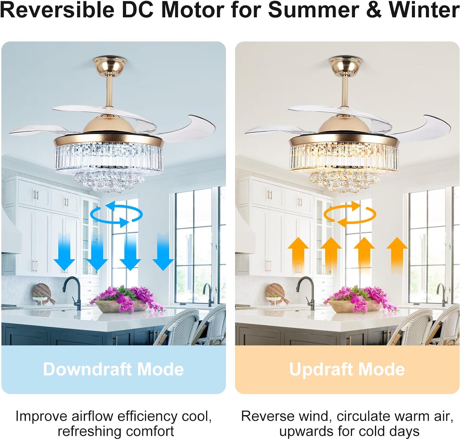 Bavnnro 42'' Fandelier Ceiling Fans with Light, Gold Retractable Crystal Chandelier Fan, Reversible, Remote Control, Dimmable Ceiling Light Kits for Dining Living Room, Bedroom