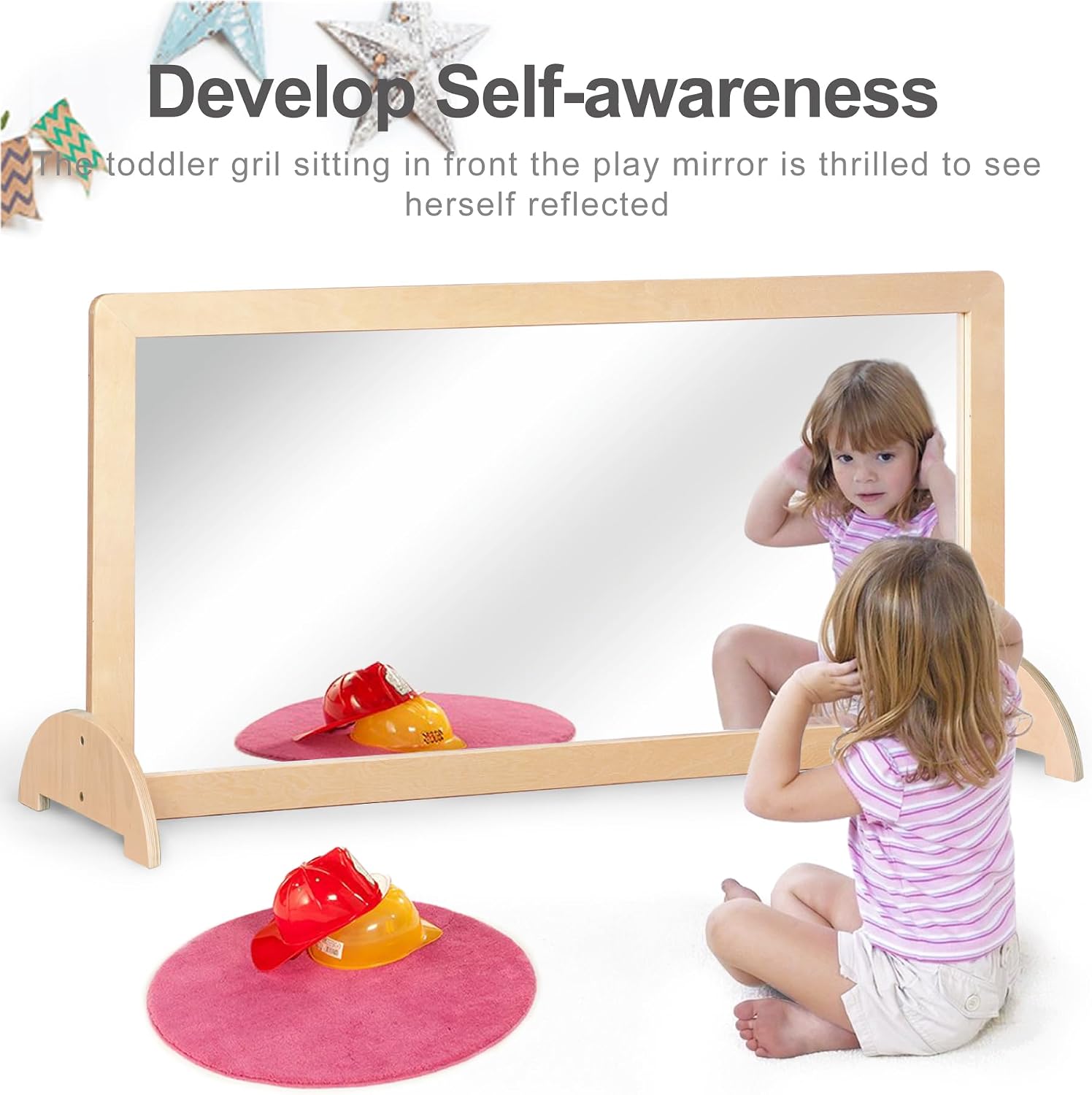 3-Position Montessori Wood Frame Non-Shatter Safety Pull Up Bar Baby Big Mirror Set, Infant Coordination Mirror, Kids Classroom Furniture for Daycare, Homeschool or Preschool