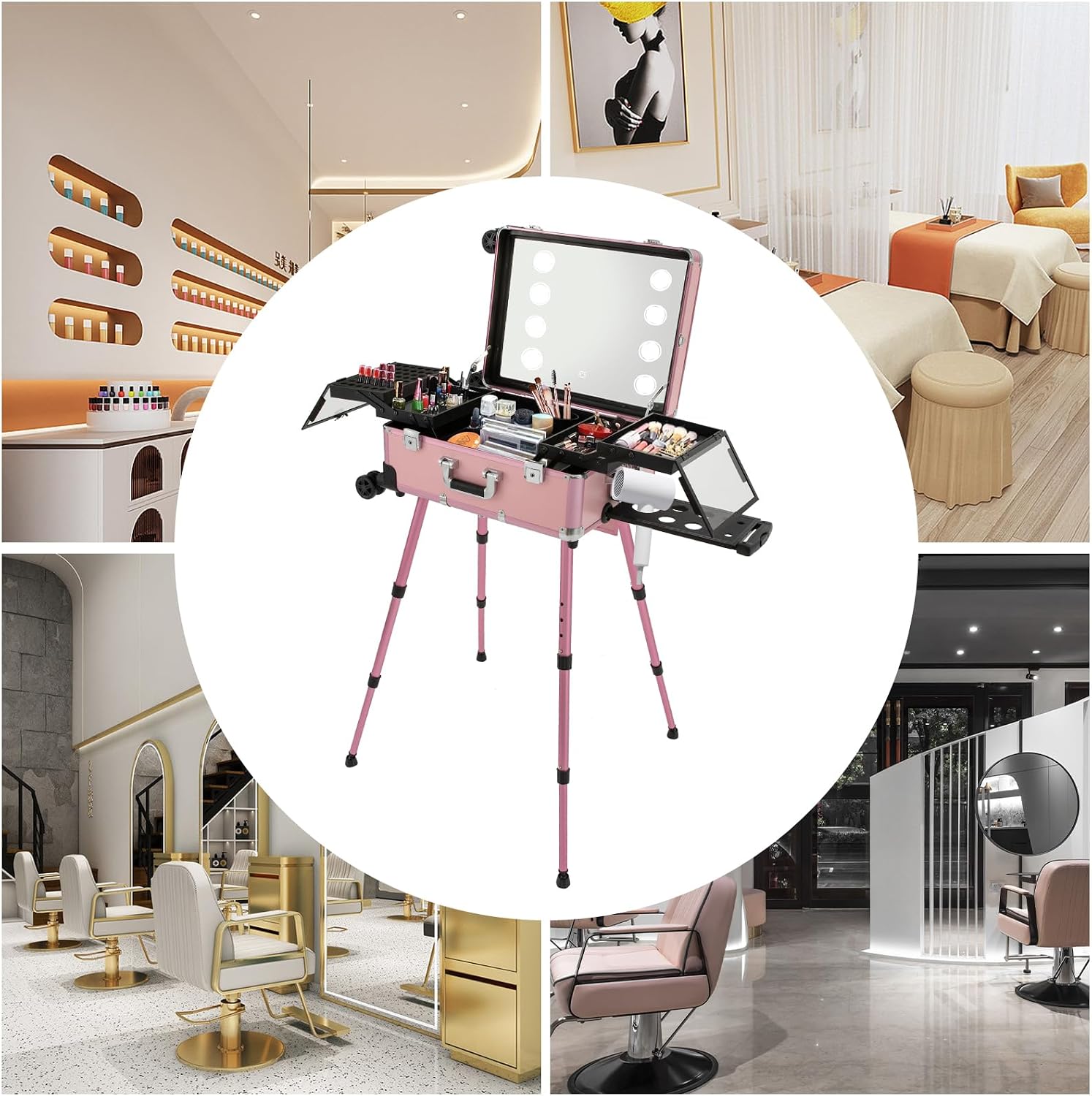 Portable Makeup Station Trolley Makeup Train Case, Portable Vanity Table Makeup Train Case With Mirror & LED Lights, Rolling Vanity Travel Makeup Vanity Cases with Wheels & Adjustable Legs (Pink)