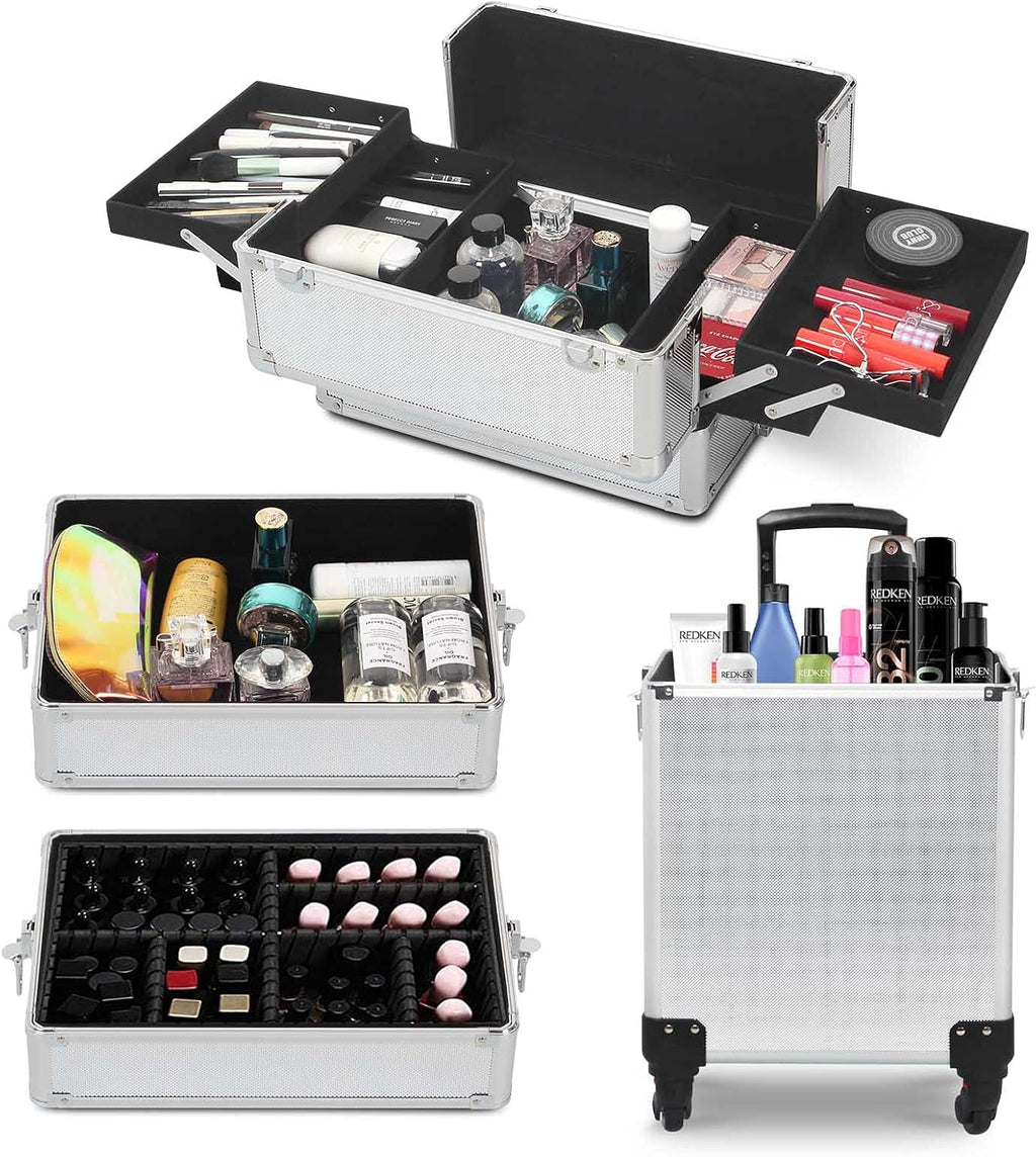 4 in 1 Rolling Makeup Train Case, Large Storage Cosmetic Trolley Makeup Travel Case with Key & Wheels Salon Barber Case Traveling Cart Trunk (SILVER)
