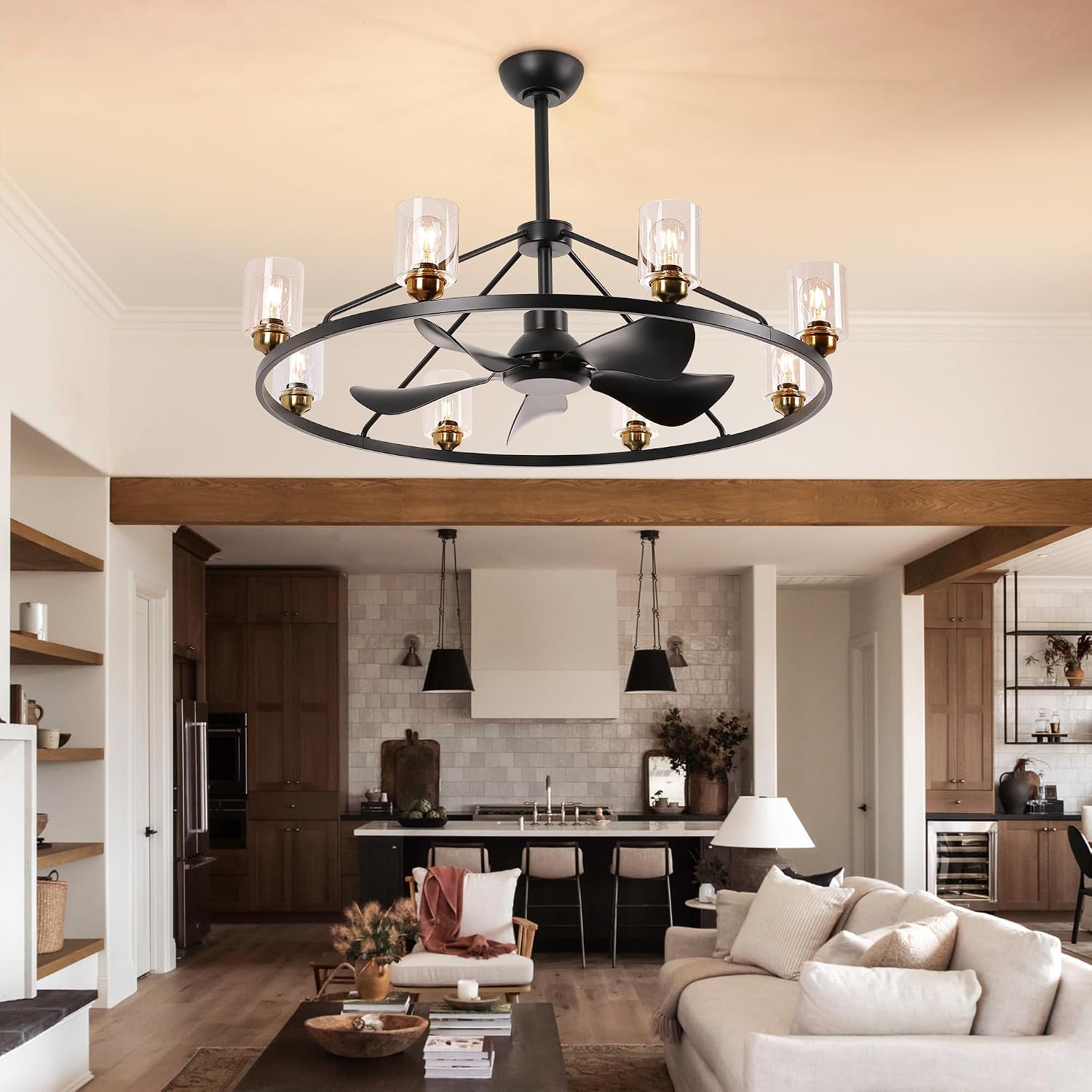 44 inch Ceiling Fans with Lights Wagon Wheel Chandelier, Farmhouse Fandelier Black Gold Fans with Glass Lampshade Light Fixture,App control,6 Speed,Timing,Adjustable Height for Dining Room Living Room