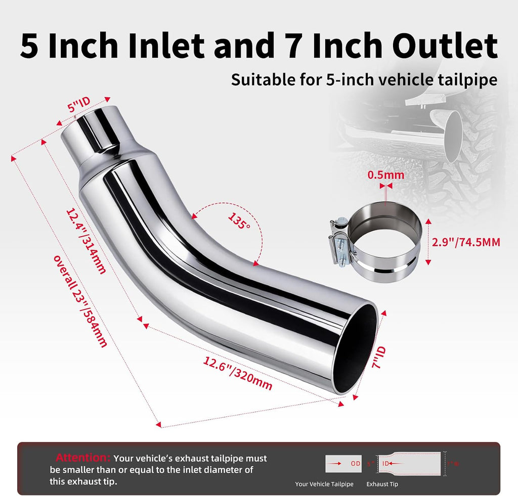 Exhaust Tip Universal 5 to 7 Inch Exhaust Elbow Pipe with Clamp – Chrome Fits Car, Truck & Diesel, Pickup Truck