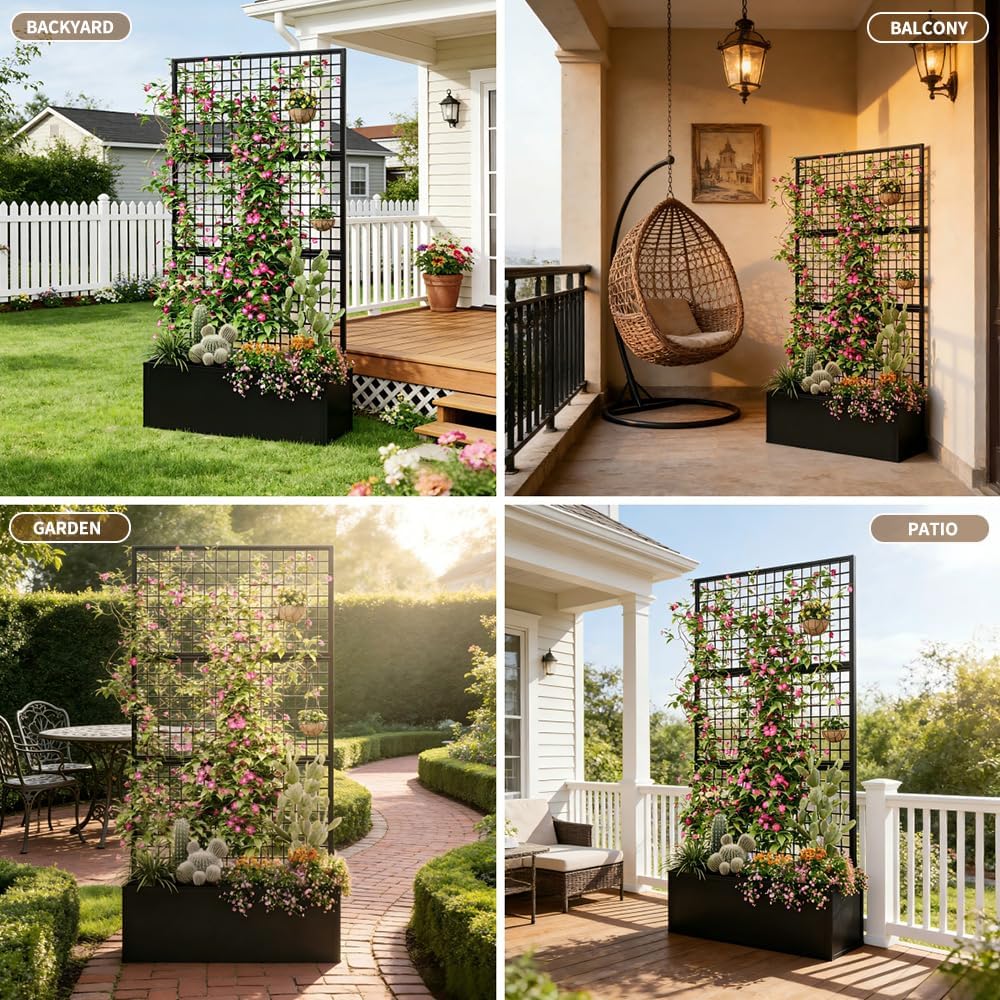 Privacy Planters for Patio – Metal Raised Garden Bed with Trellis and Privacy Screen, 71' x 35' x 16' Planter Box with Drainage Holes for Climbing Plants, Vegetables, and Vines, Outdoor Backyard Black