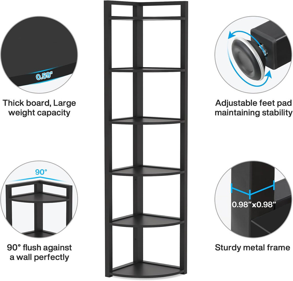 Tribesigns 6 Tier Corner Shelf, 70.9 Inch Tall Corner Bookshelf Small Bookcase Modern Corner Shelving Unit Storage Rack for Living Room, Home Office, Kitchen, Small Space (Black)