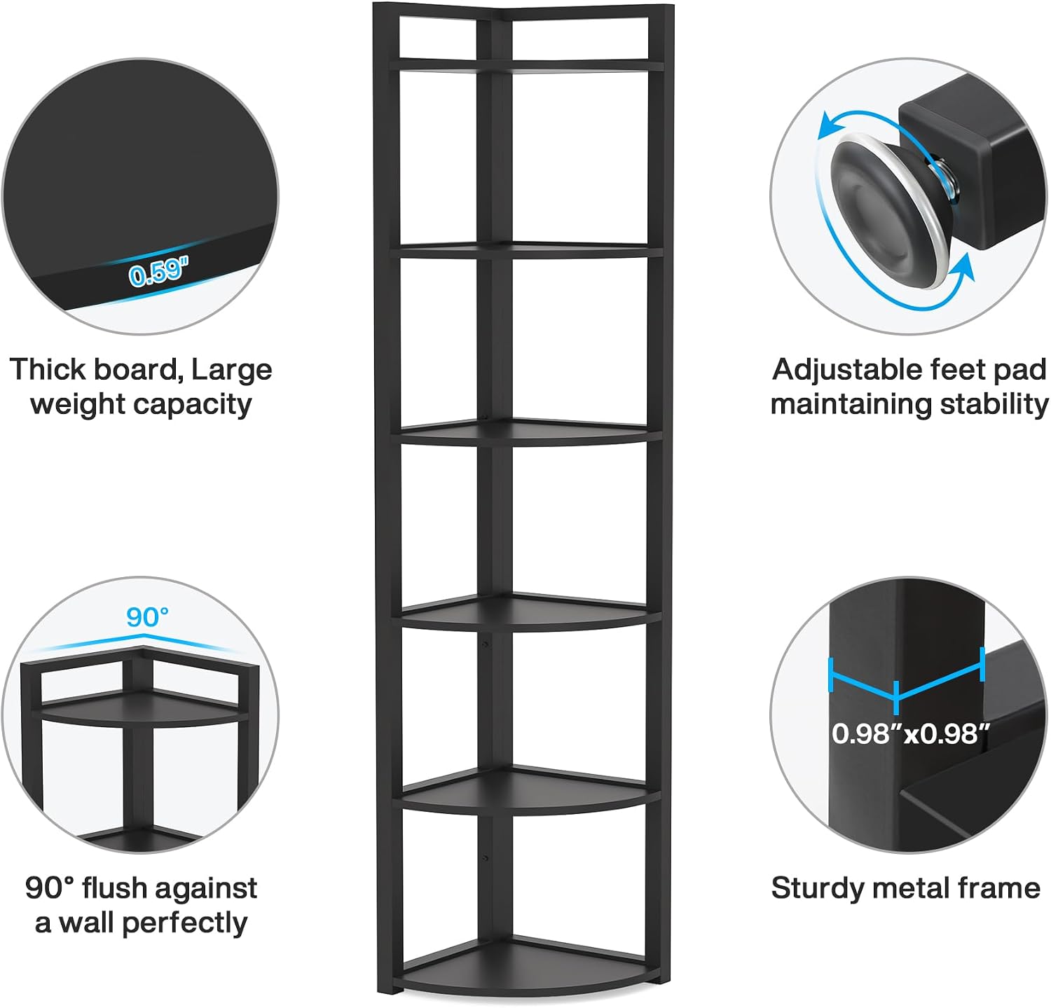 Tribesigns 6 Tier Corner Shelf, 70.9 Inch Tall Corner Bookshelf Small Bookcase Modern Corner Shelving Unit Storage Rack for Living Room, Home Office, Kitchen, Small Space (Black)