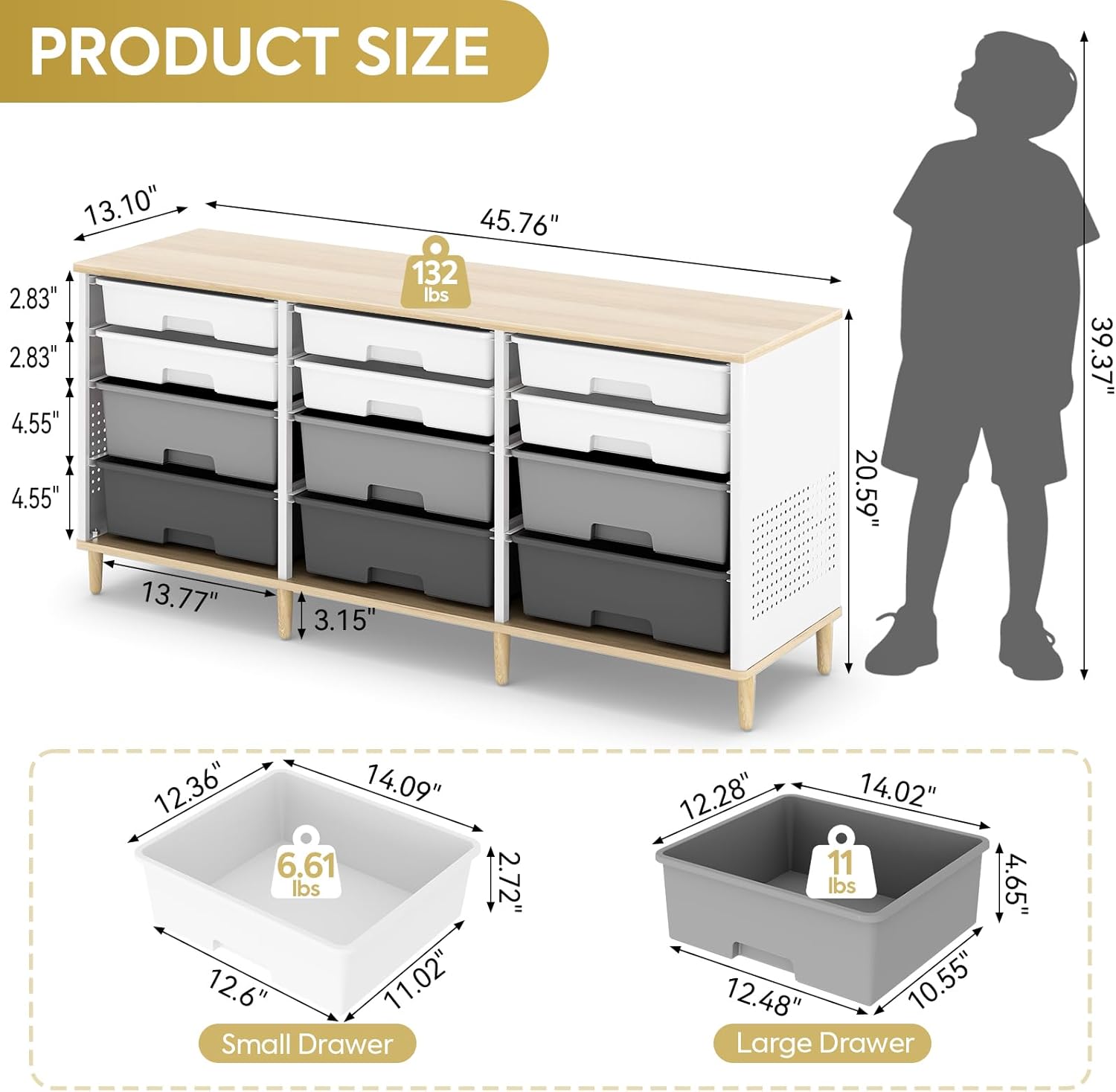 12 Drawers Storage Cabinet with Wooden Top and Plastic Bins, Toy Storage Organizer Toy Shelf Storage Chest Cubby Organizer for Home, Office, Playroom, Classroom & Craft Room Storage (Gradient Grey)