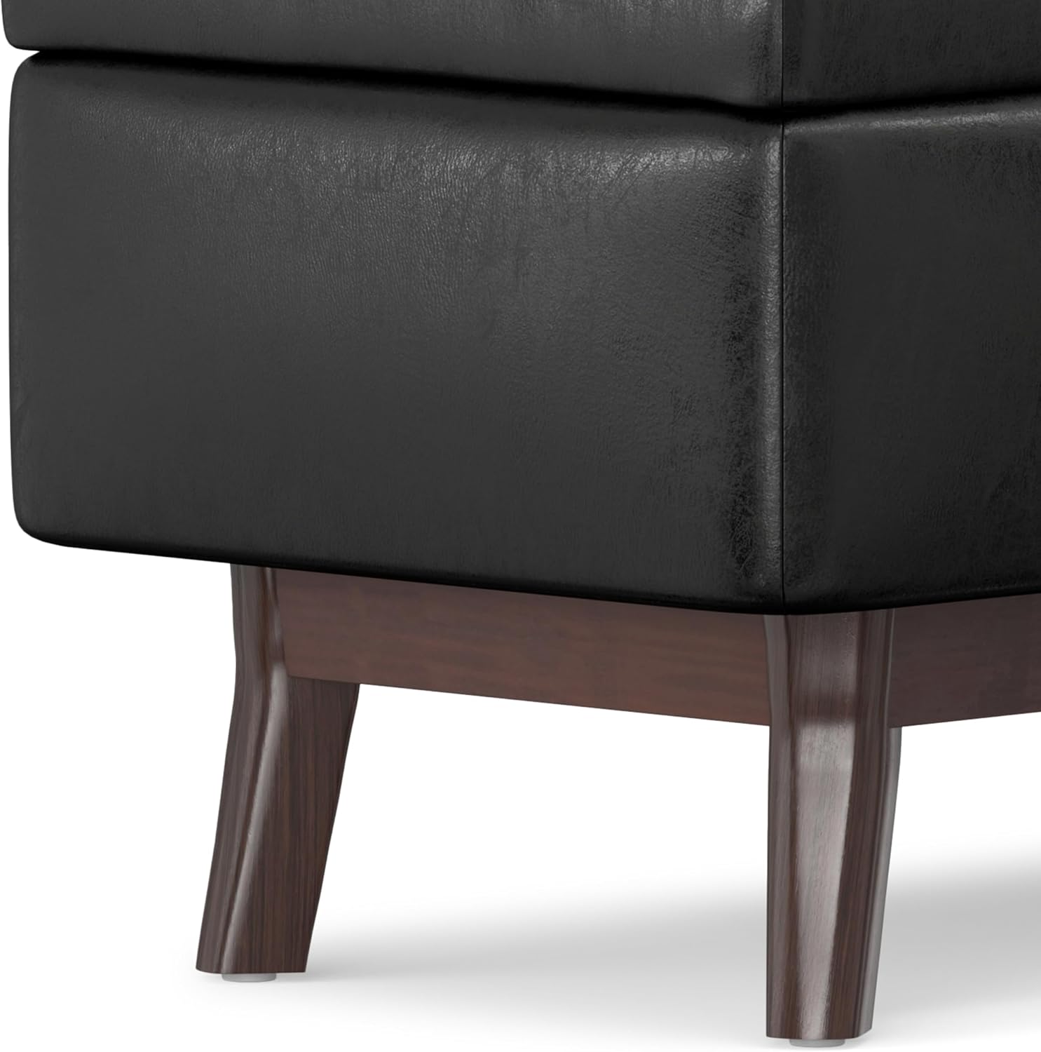 SIMPLIHOME Owen Small Rectangular Storage Ottoman - 36 inch Wide Upholstered Vegan Leather Lift-Top Ottoman in Distressed Black, Mid-Century Modern Ottoman for Living Room with Tufted Detail