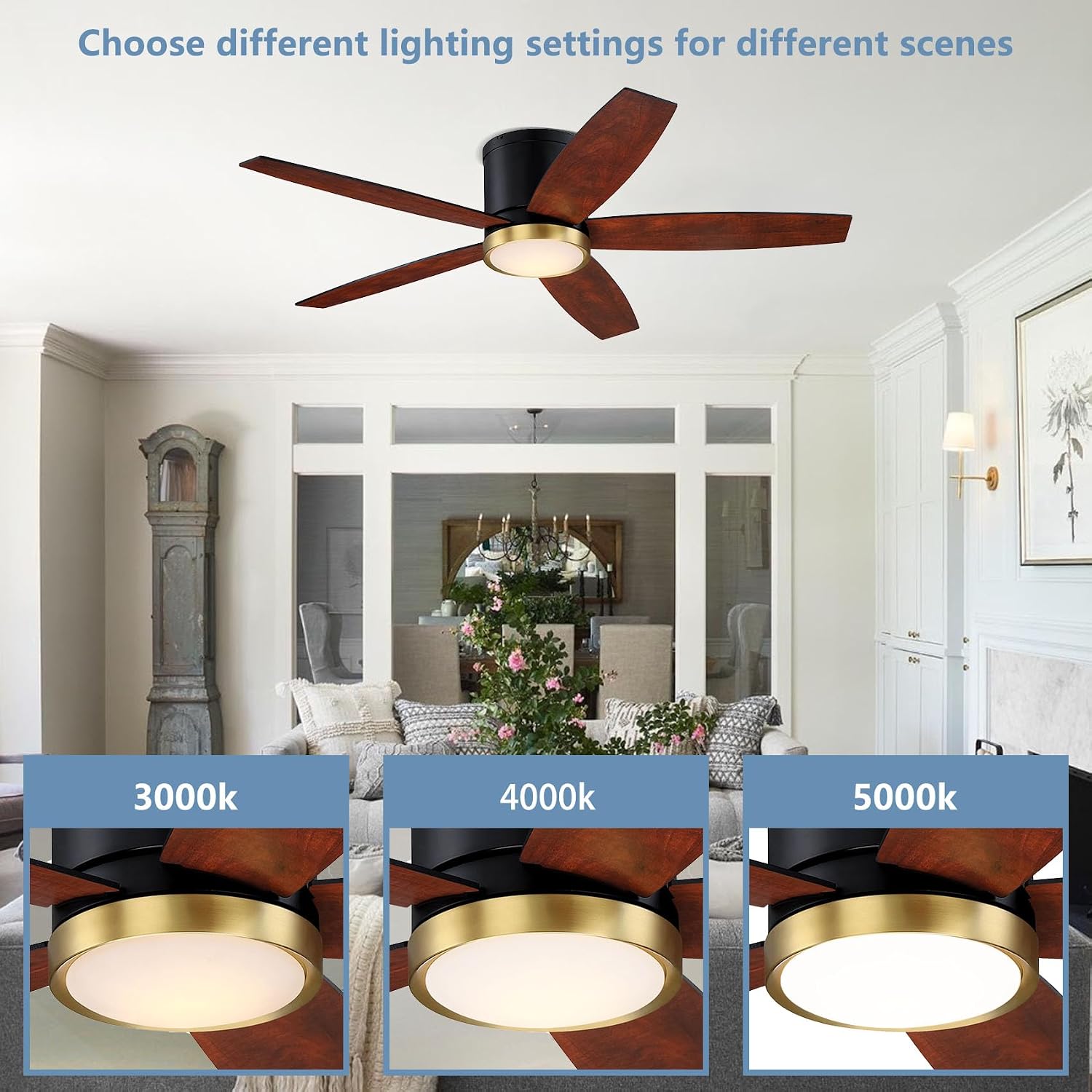 52 Inch Low Profile Ceiling Fan with Light and Remote, Black and Gold Flush Mount Ceiling Fan with Light, Indoor Modern Hugger Fan with Light Fixture and Timer Setting, 3CCT, Bedroom, Dining Room