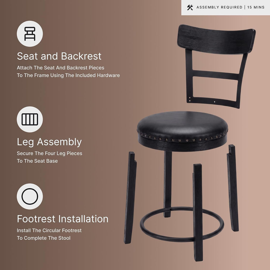 Signature Design by Ashley Valebeck Faux Leather Upholstered Swivel Barstool, Nailhead Trim, Solid Wood, 16.75' W x 19.75' D x 37.25' H, Antique Black