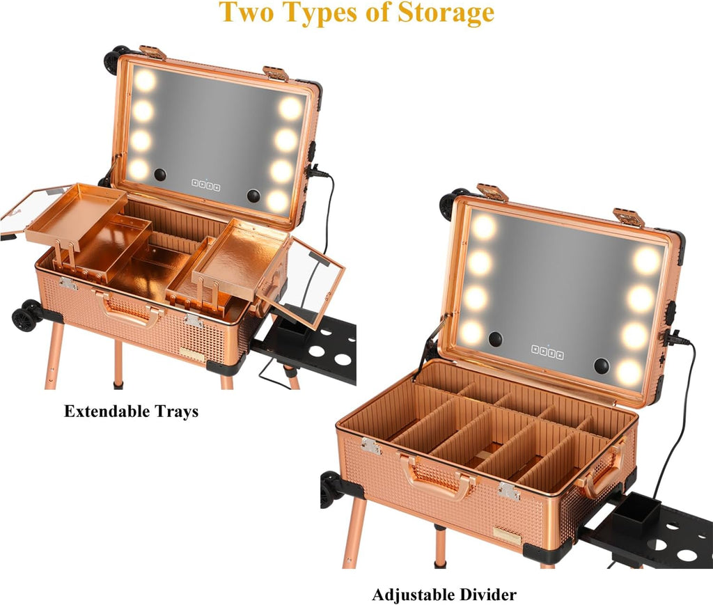 20' Aluminum Ligthed Makeup Train Case with LED Lights Professional Cosmetic Organizer Studio with Speaker, Wheels and Stands Rolling Trolley Makeup Vanity Station for Travel (Rose Gold)
