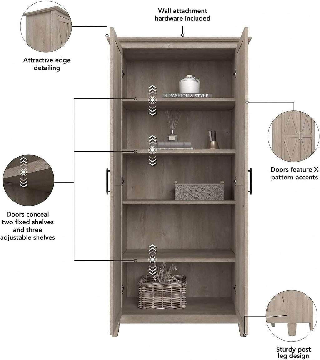 Bush Home Key West Tall Storage Cabinet with Doors in Washed Gray