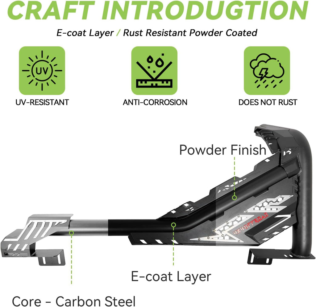 Heavy-Duty Roll Bar Compatible With Retractable Tonneau Covers With Rails | For Mid-Size Trucks Tacoma, Ranger, Colorado, Canyon, Frontier | Three installation methods No Drilling Installation
