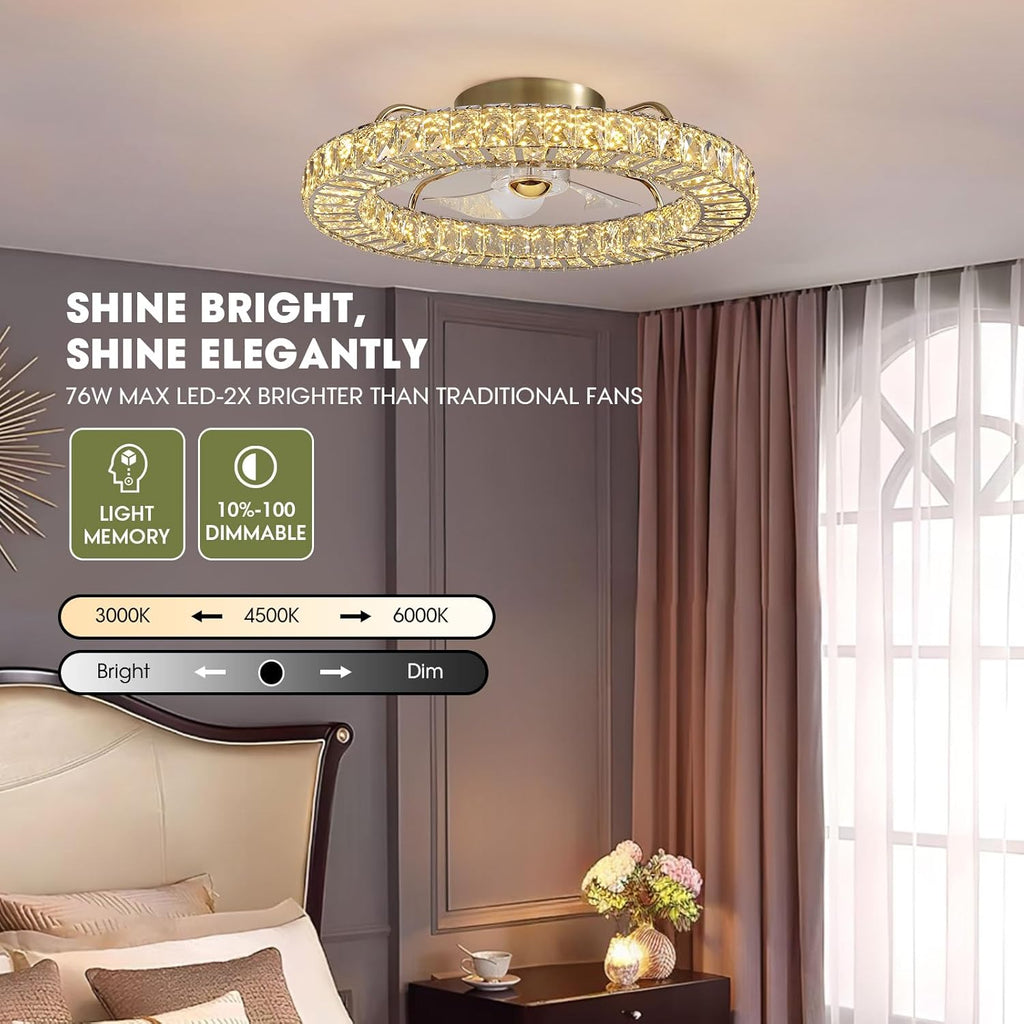 LUDOMIDE Flush Mount Ceiling Fan with Light, 22' Modern Crystal Chandelier Ceiling Fan with Smart 4-Light Color Change, Luxury LED Ceiling Fan, Low Profile Ceiling Fan for Bedroom (Gold)
