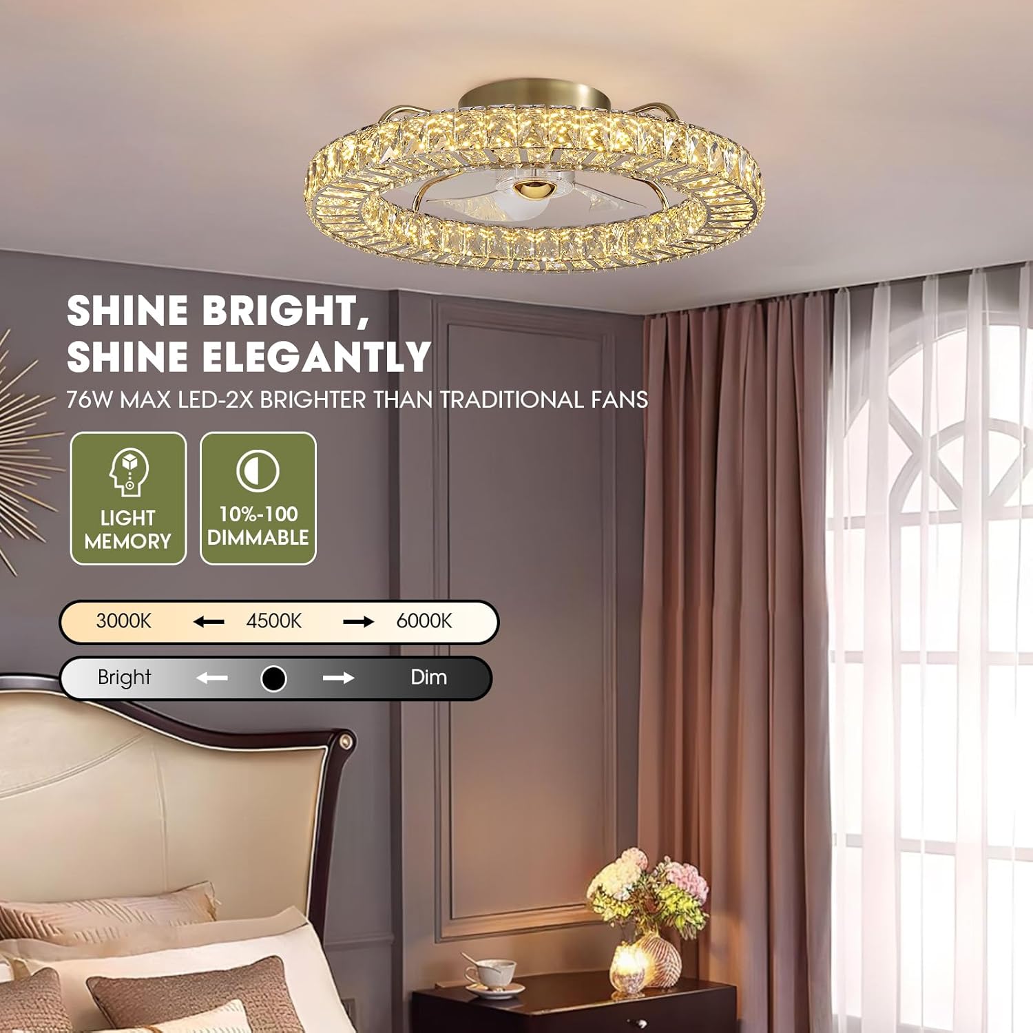 LUDOMIDE Flush Mount Ceiling Fan with Light, 22' Modern Crystal Chandelier Ceiling Fan with Smart 4-Light Color Change, Luxury LED Ceiling Fan, Low Profile Ceiling Fan for Bedroom (Gold)
