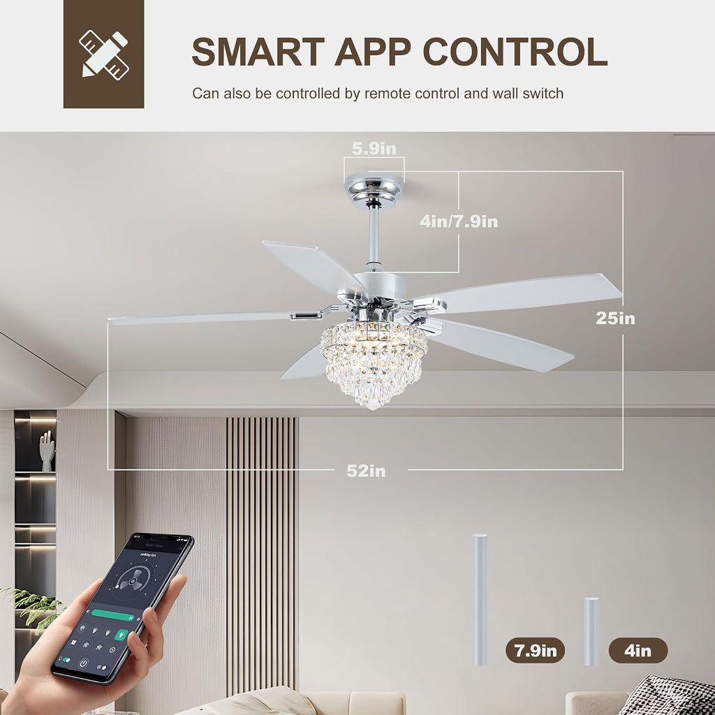 Chandelier Ceiling Fans with Lights and Remote,Chandelier Fan Ceiling,Crystal Ceiling Fan Fandelier with Lights,6 Speed 3 Timer Quiet Ceiling Fan for Bedroom (Chrome, 52 Inch)