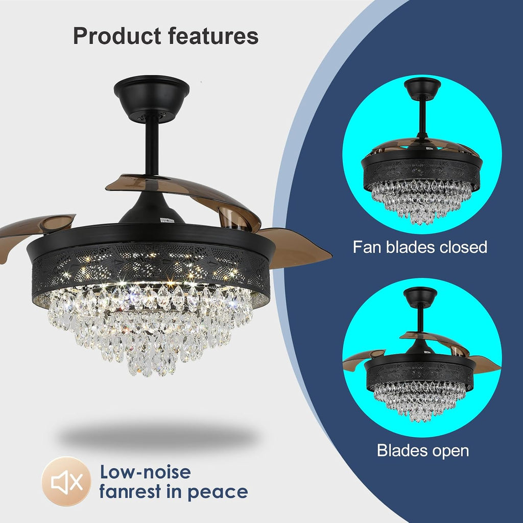 42' Black Crystal Fandelier Dimmable LED Ceiling Fan with Lights Retractable Blades 3 Color with Memory Quiet Reversible 6 Speeds Timer for Bedroom Living Room Dining Room