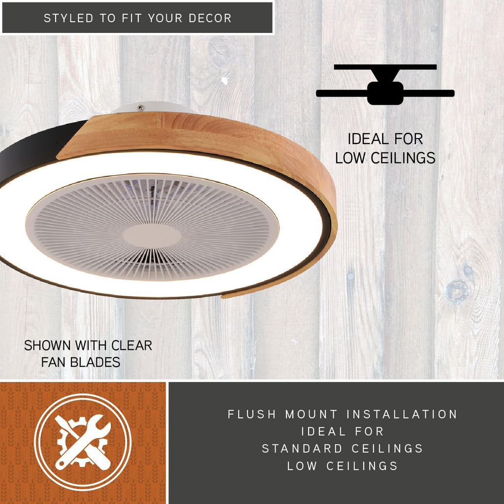 VAXCEL Everette 20 in. Matte Black Indoor Low Profile Flush Mount Contemporary Ceiling Fan with Clear Blades, Dimmable Integrated LED Light Kit and Remote Control, 6 Speed, Energy Efficient DC Motor