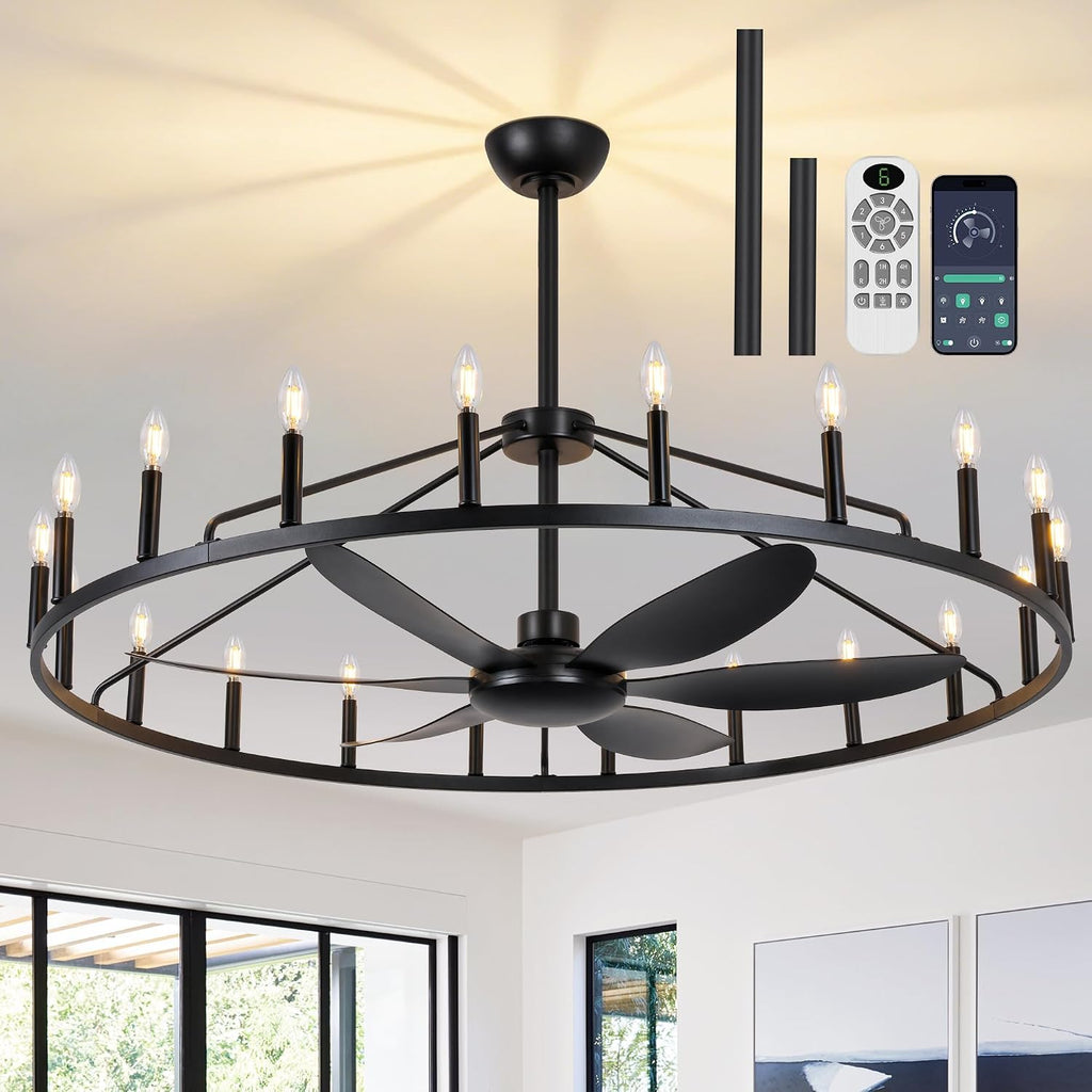 50' Farmhouse Chandelier Ceiling Fan with Light and Remote, 20-Lights Large Wagon Wheel Fandelier with Candle for Living Room,Rustic Walnut Fan with Light