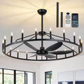 50' Farmhouse Chandelier Ceiling Fan with Light and Remote, 20-Lights Large Wagon Wheel Fandelier with Candle for Living Room,Rustic Walnut Fan with Light